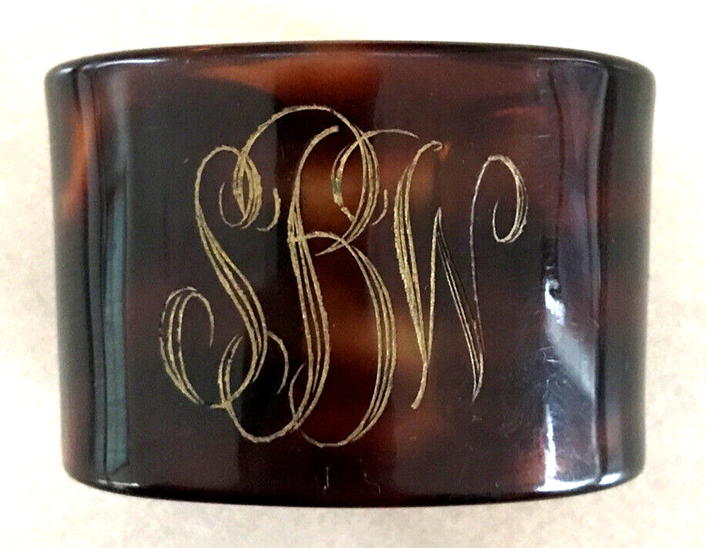 Vtg Mid Century Lucite Faux Tortoise Shell SBW Monogram Cuff Bracelet Small